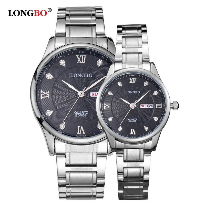 Двухместные часы LONGBO Luxury Lovers для пары, мужские, с датой и днем недели, водонепроницаемые, из золотистой нержавеющей стали, с кварцевым механизмом, модель Montre Homme 80080B.