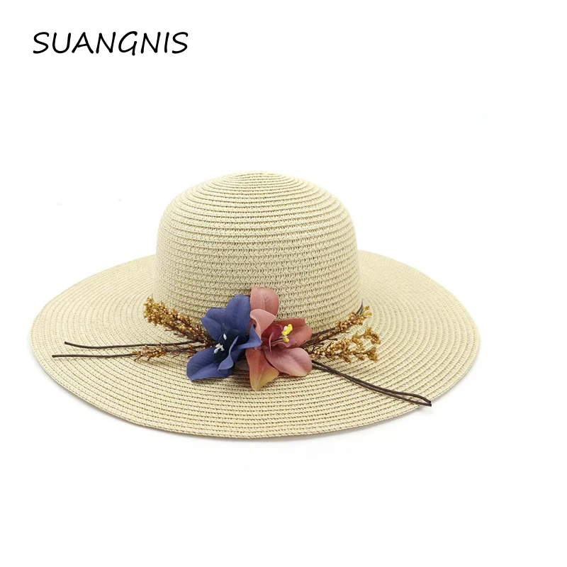 

2019 summer beach holiday travel sun protection straw hat folding beach hat large wide side ladies flower sunshade hat