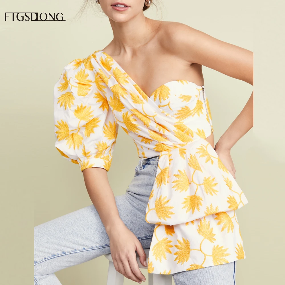 Женская блузка с открытыми плечами FTGSDLONG повседневная Асимметричная коротким