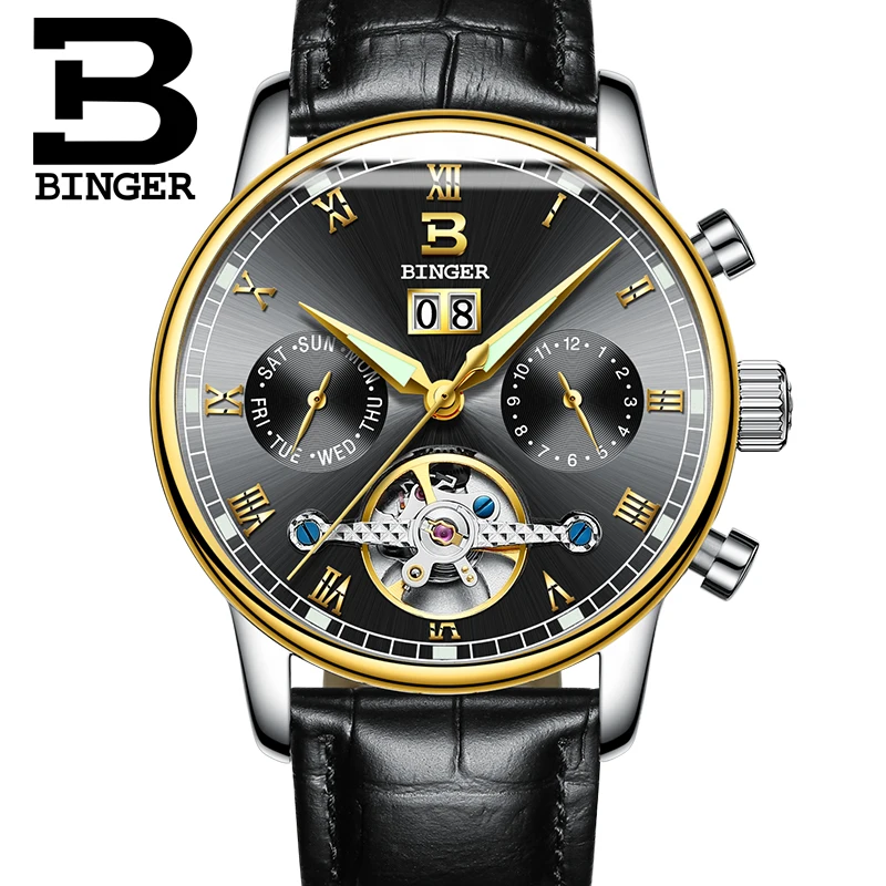 Швейцарские мужские часы BINGER люксовый бренд Tourbillon fulll водонепроницаемые