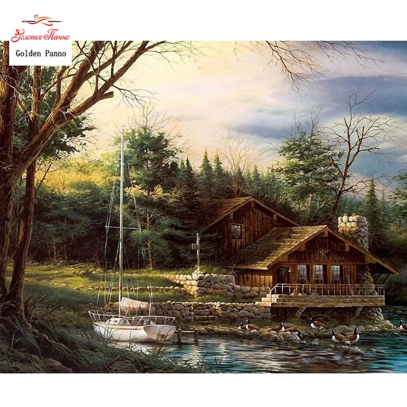 Golden Panno Needlework DIY DMC 14CT 11CT printed Cross stitch Embroidery kits wooden house white canvas Counted 19 | Дом и сад