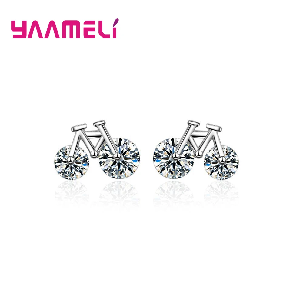 

Special Different Bicycle Shape Design For Women Girls Crystal Jewelry Stud Earrings Cubic Zirconia 925 Sterling Silver