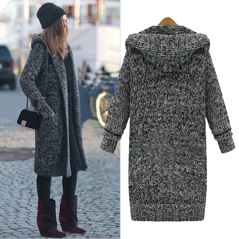 acrylic cotton blend clip yarn thick knit women fashion hooded long cardigan sweater coat H-straight M-5XL |