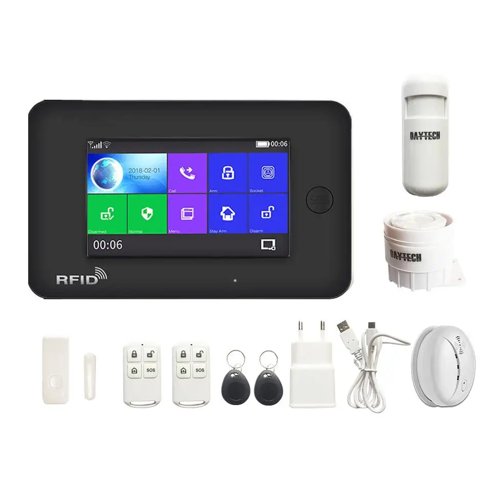 DAYTECH WiFi GSM сигнализация, система безопасности, ЖК-дисплей, цветной сенсорный экран, беспроволочная домашняя система DIY, GSM система, 8 языков, детектор движения, пожарный датчик - Цвет: TA03-Kit5