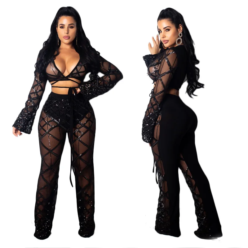 

Black Crisscross Plaid Sequins Block Women Sexy 2 Piece Set Deep V Neck Long Sleeve Crop Top Flare Pants Club Tracksuit Outfits