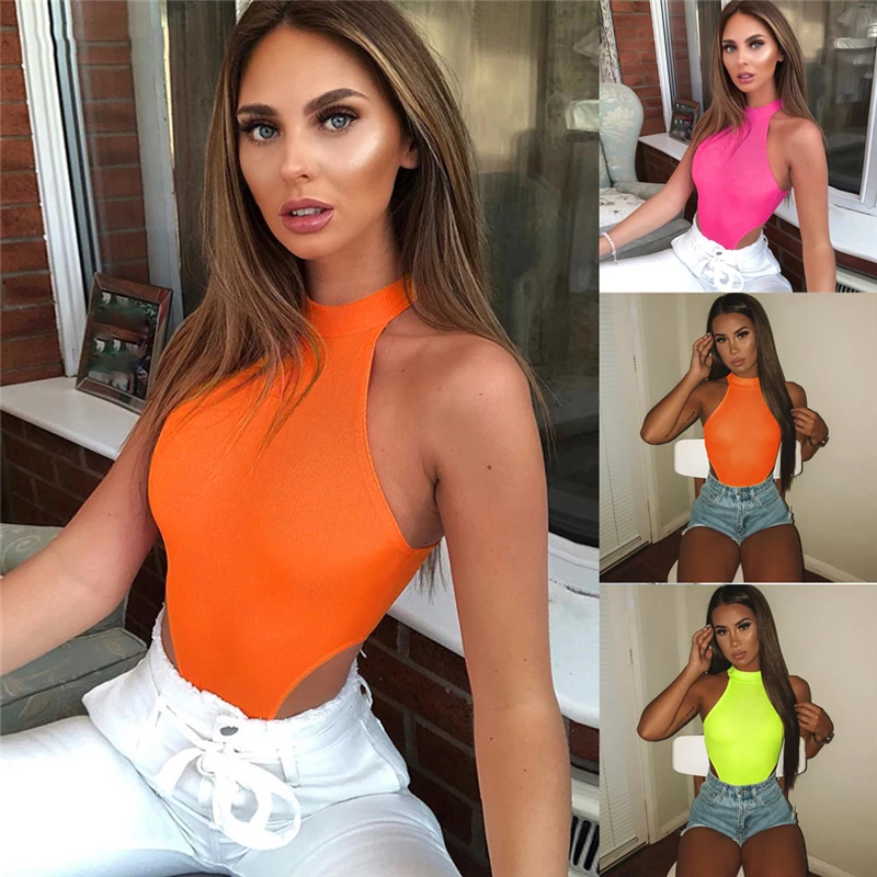 

Women Bodycon Slim Fitness Workout Sleeveless Clubwear Rompers Jumpsuits Off Shoulder Halter Solid Summer Bodysuit Outwear Tops