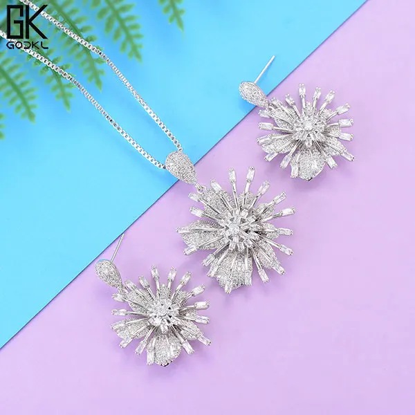 Silver Set Godki роскошный комплект из колье и сережек, кубические циркониевые кристаллы цветок комплекты украшений для женщин, Свадебный комплект ювелирных изделий для невесты в Дубае - Окраска металла: Silver Set