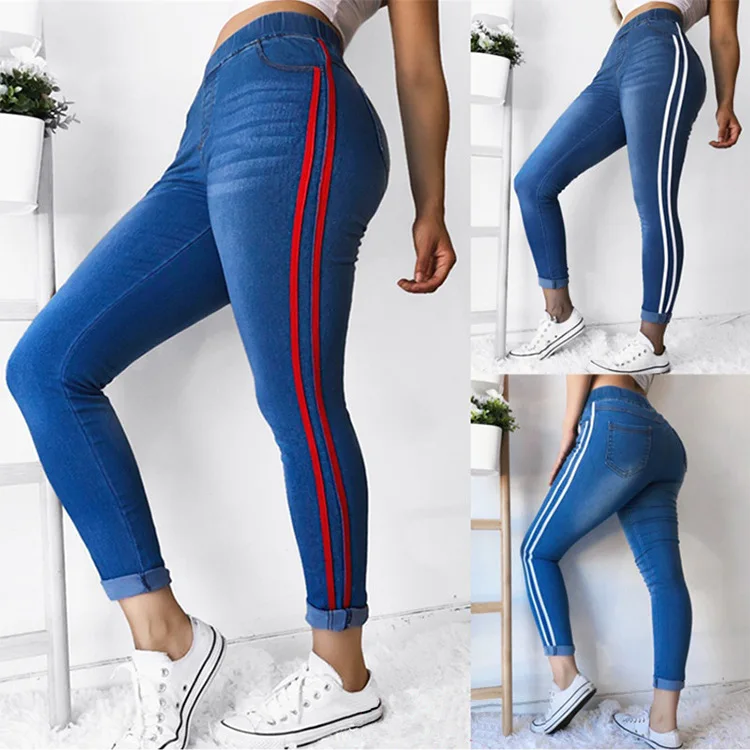 Ripped Jeans Women 2019 Spring Elastic Skinny Slim Holes Womens Stripe Full Length Pencil Pants Plus Size | Женская одежда