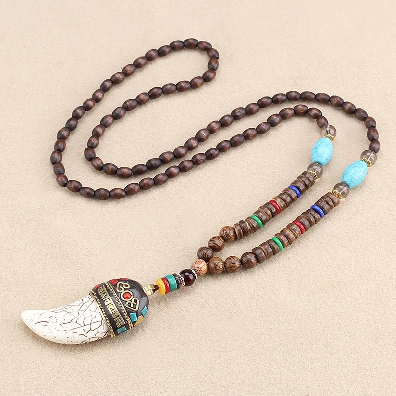 Tibetan Buddhist Mala Wood Beads Necklace Vintage Nepal Charm Ox Horn Pendant Necklace Women Meditation Rosary Necklace Dropship