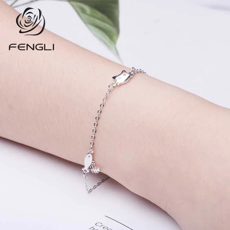 FENGLI хит продаж милый регулируемый браслет с котом Серебряный романтичный рыбкой