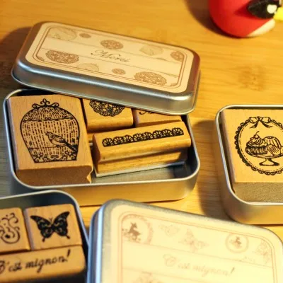 

BF040 6 design DIY Scrapbooking Stamps Vintage Wooden Rubber Ink Pad Stamp Iron Box Sealing Stamp Set tinta sellos 10*7.5*2cm