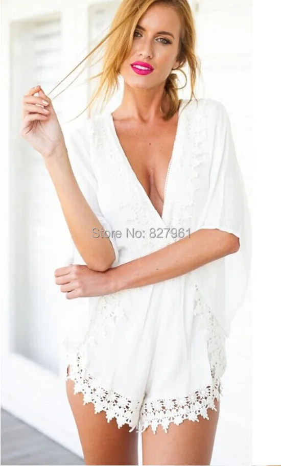 2015 New Women Sexy Lace White Blue Playsuit Deep V-neck Jumpsuit High Waist Ladies Romper Free Shipping #J057 |
