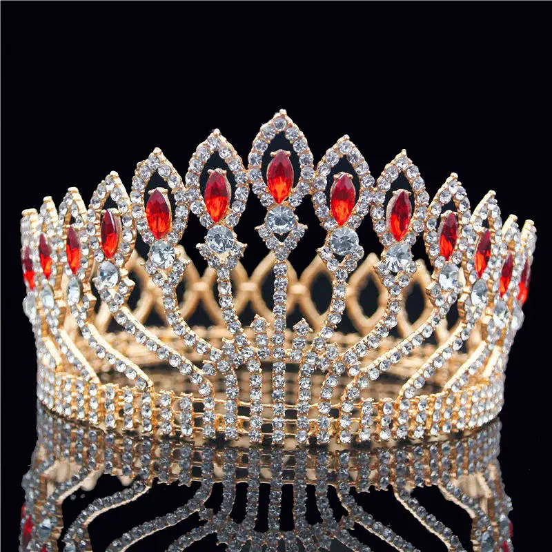 Gold Red Модные хрустальные металлические большая корона свадебные диадемы золото серебро розовый свадебное украшение для волос в виде короны пышная диадема Королевская корона - Окраска металла: Gold Red
