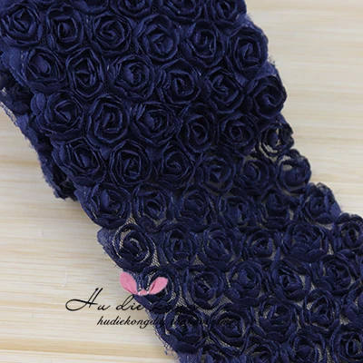 Navy blue 5 ярдов/Лот, 15 цветов, сделай сам, бант, кружевная ткань, шифон, двойная, 6 рядов, 3D Роза, цветок, 9 см, кружевная отделка, для телефона, красивое кружево, SM211 - Цвет: Navy blue