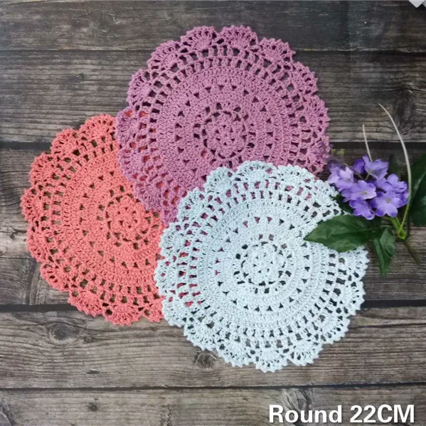 

22CM Round Retro Christmas Table Dining Place Mat Wedding Napkins Crochet Cotton Lace Doilies Wine Glass Coasters Drink Mat