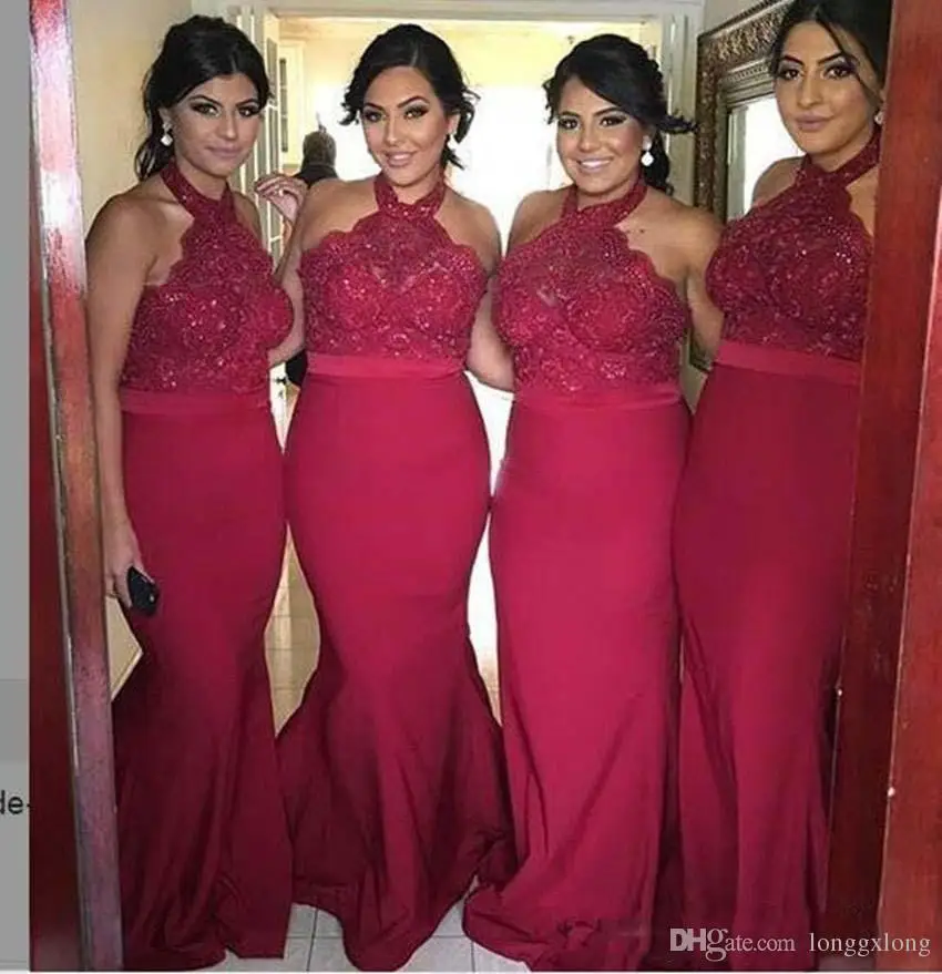 

Red Burgundy Chiffon Mermaid Long Bridesmaid Dresses 2018 Lace Halter Cheap Maid of Honor Gowns Formal Wedding Party Dress