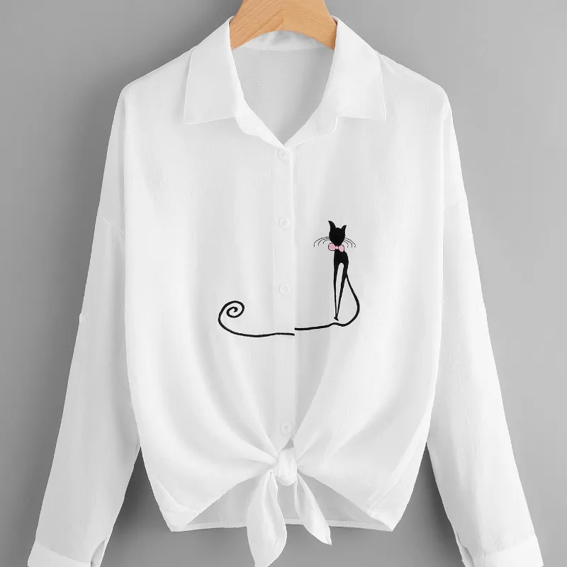 Женская рубашка с вышивкой кота блузка длинным рукавом и завязками на подоле