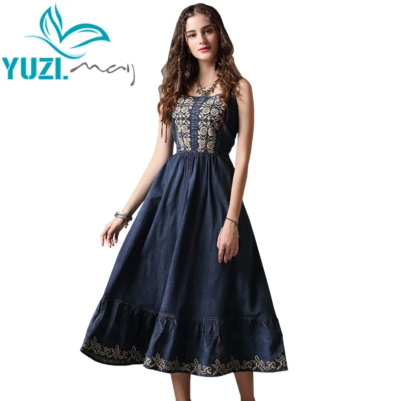 Летнее платье 2018 Yuzi.may Boho Новое винтажное джинсовое с вырезом лодочкой без