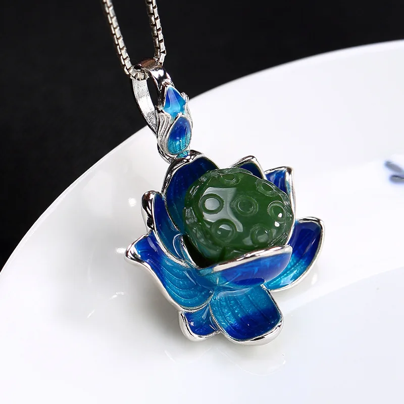 2019 New Silver S925 pure silver antique mosaic and jade cloisonne enamel lotus pendant wholesale | Украшения и аксессуары