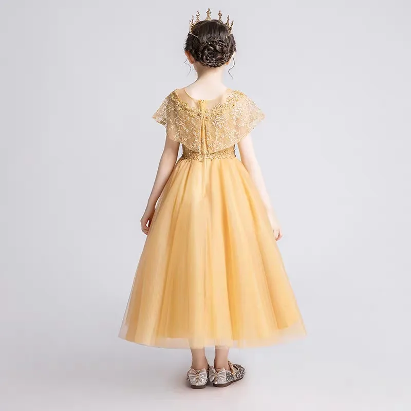 

Children Girls Luxury Golden Color Birthday Evening Party Princess Mesh Dress Teens Kids Model Show Host Piano Costumes Dresses