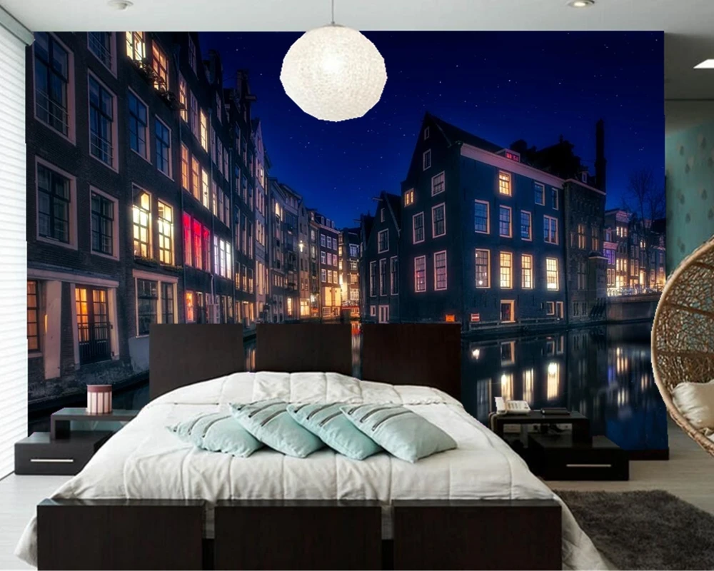 3d обои papel de parede Amsterdam House river city building Настенные для гостиной телевизора дивана