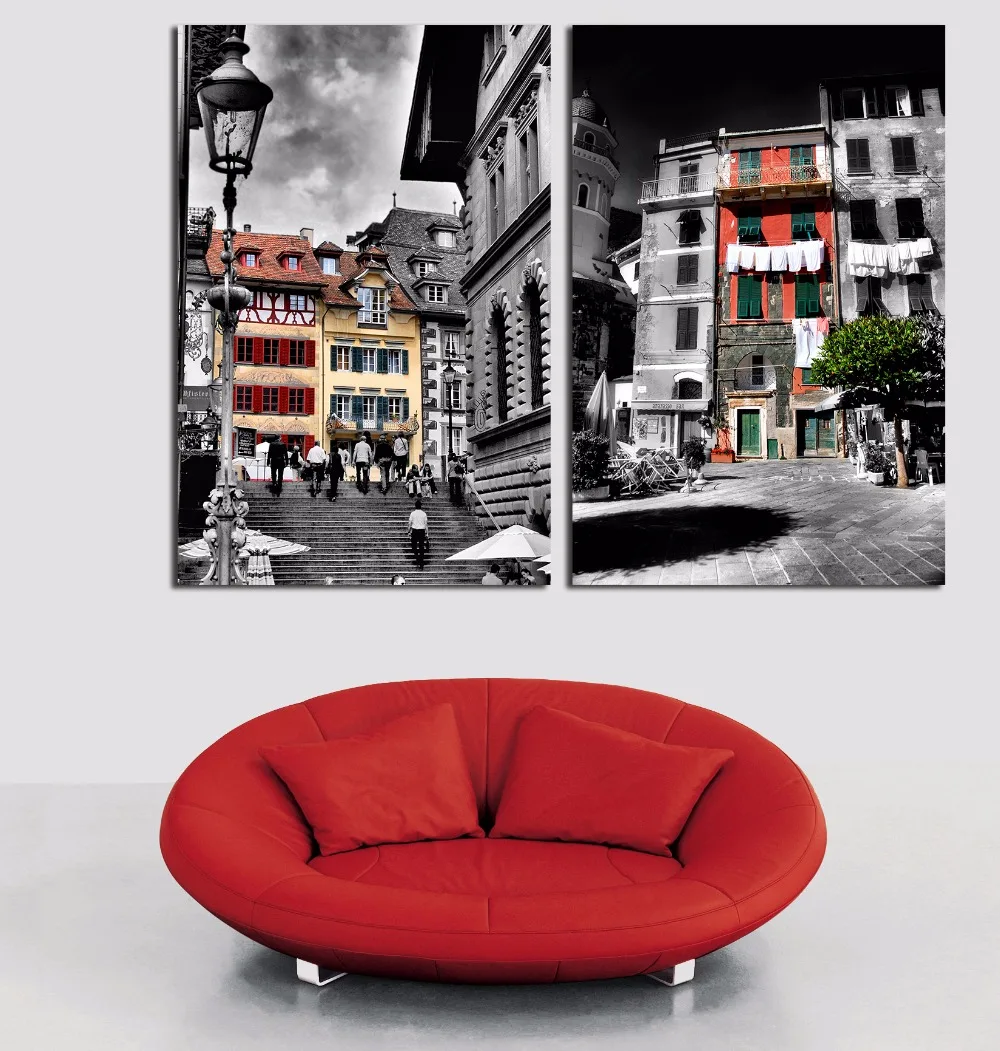 

Residential Building City Landscape Painting Printed On Canvas Frameless Two-Pieces Poster Modern Home Living Room Wall Artwork