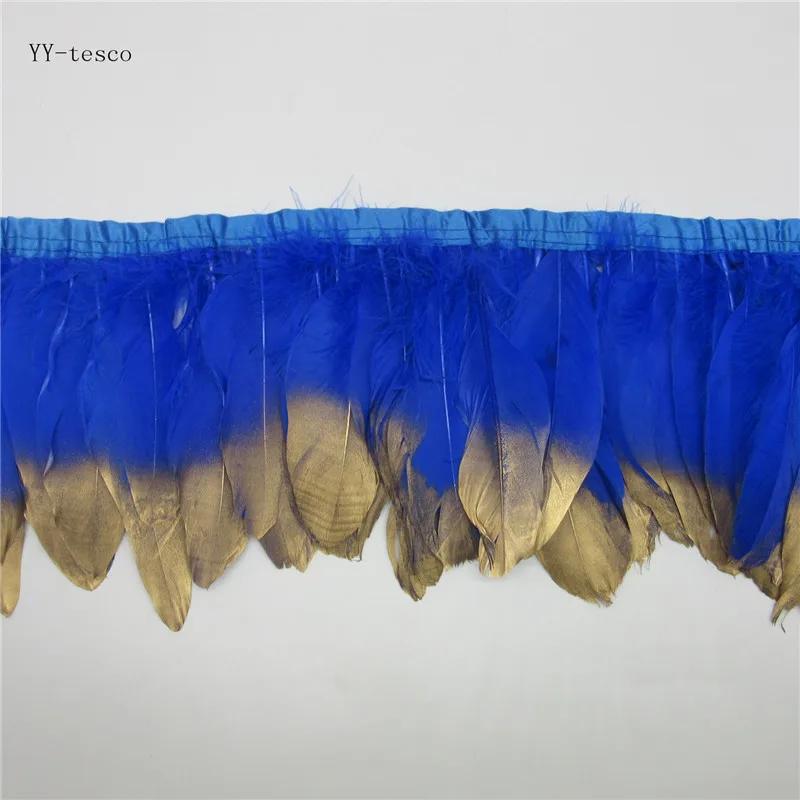 

Wholesale Goose Feather Trims 6 Meter Blue Geese Feather Ribbons/15-18cm Fringes Gold Goose Feather Cloth Belt DIY decorative