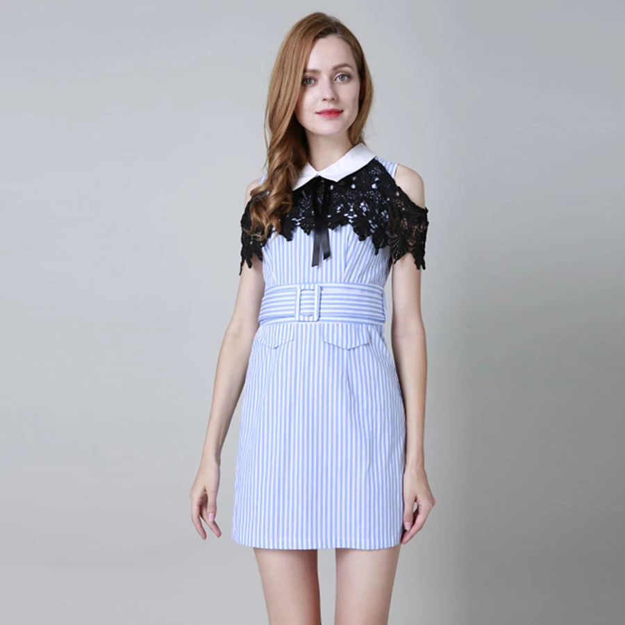 Летние полосатые Платья для женщин Мода 2017 летние шорты рукавом краткое отложной