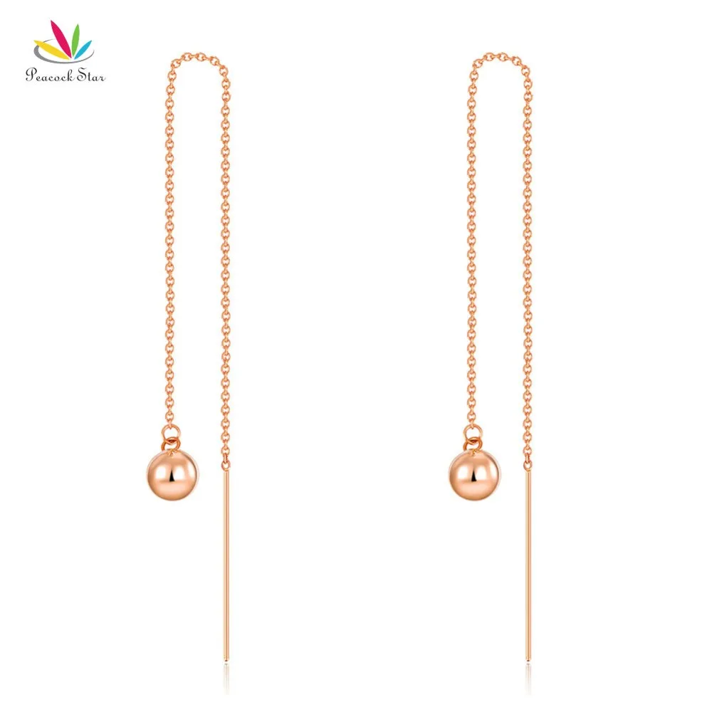 Real Solid 18K Rose Gold Long Line Earrings Drop Dangle Ball 2 -Way of Wearing Simple Elegant | Украшения и аксессуары