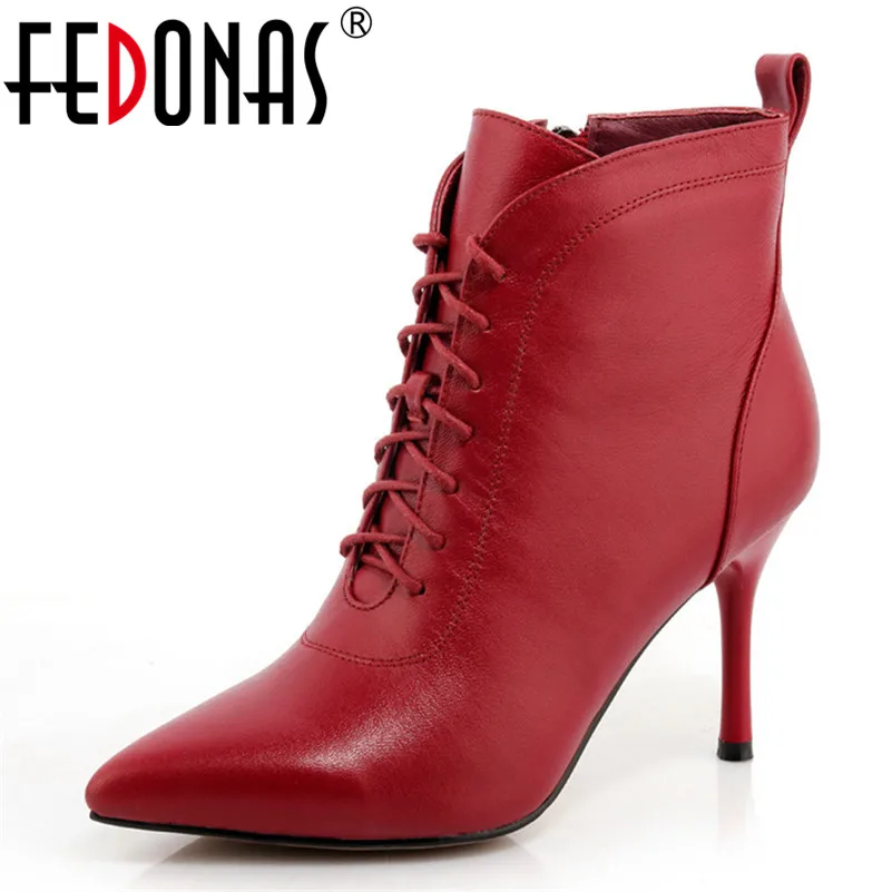 

FEDONAS Solid Fashion Pointed Toe Thin High Heels Women Ankle Boots Top Quality Genuine Leather Sexy Elegant Party Prom Shoes