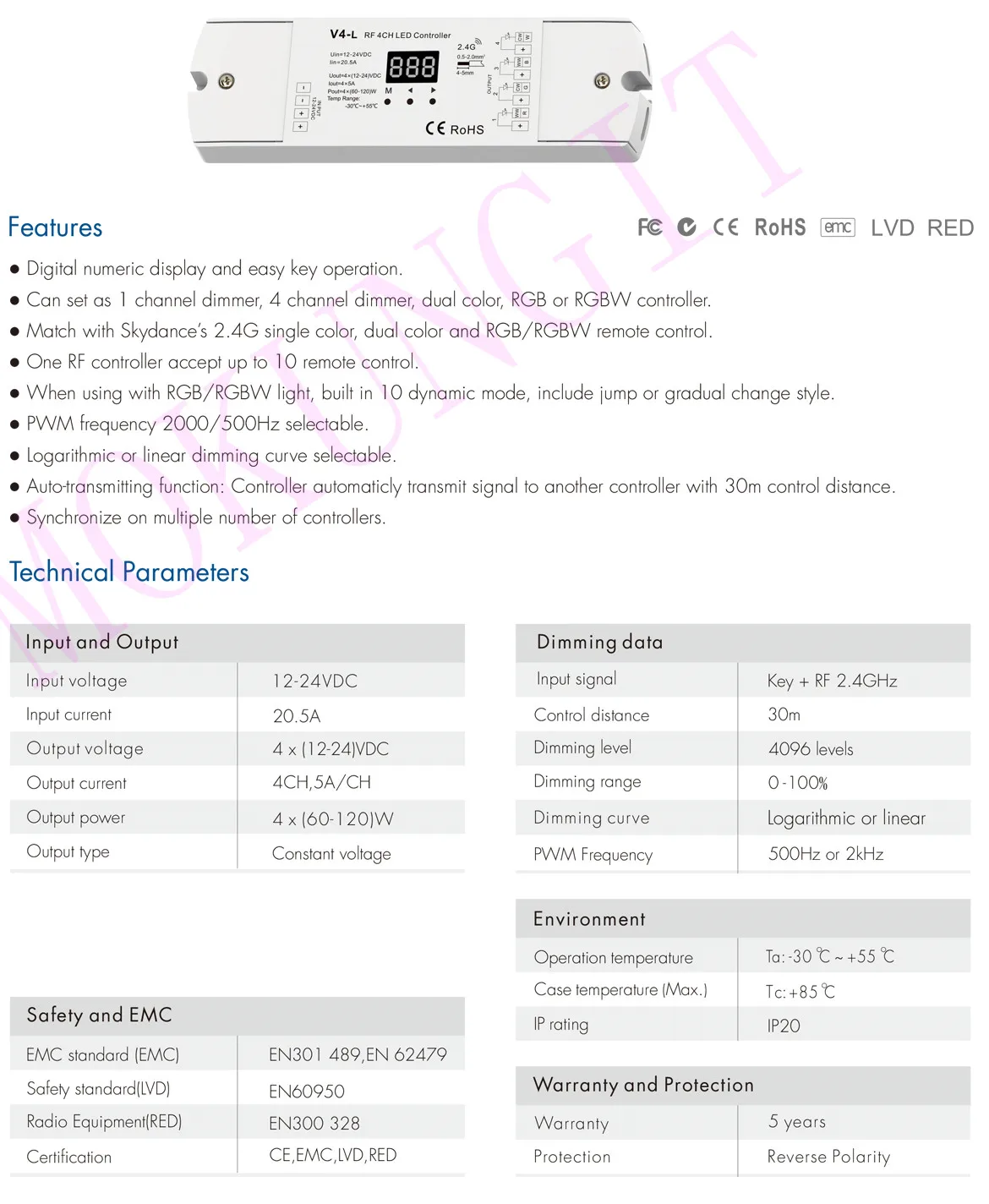 4CH* 5A 12-24VDC CV контроллер V4-L затемнения/цветовой температуры/RGB/RGBW 4 в 1 V4-L контроллер 2,4 ГГц RF беспроводной ресивер V4-L
