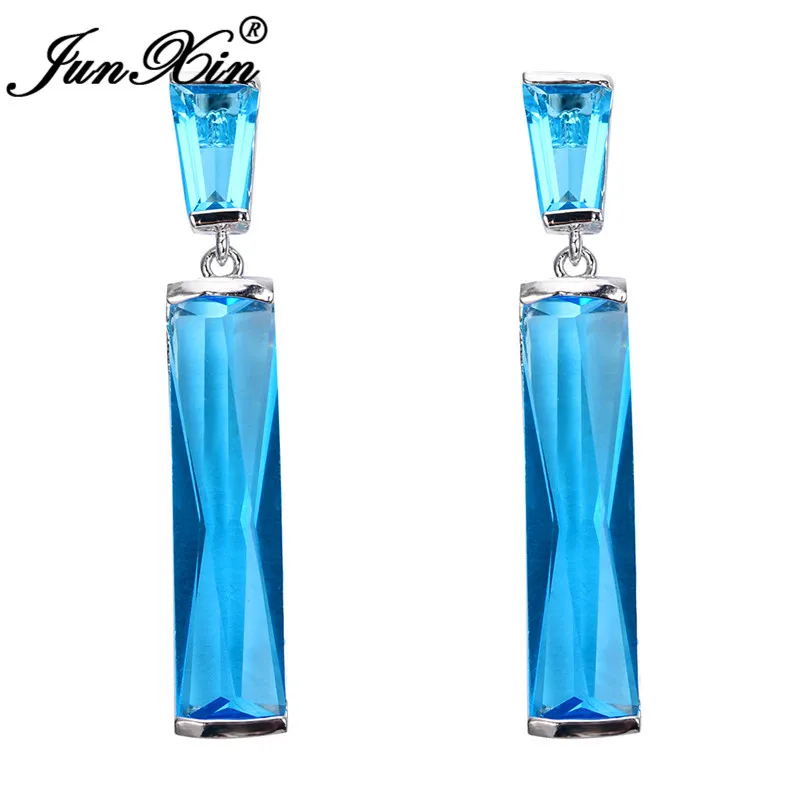 LIght Blue JUNXIN Стильный Многоцветный прямоугольник фиолетовый/красный/синий AAA Циркон Камень Висячие серьги для женщин Белое Золото Заполненные ювелирные изделия - Окраска металла: LIght Blue