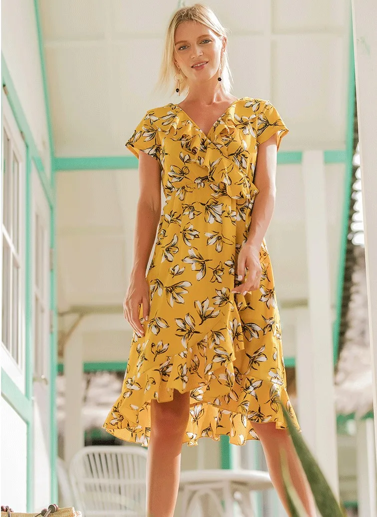 2018 Лето шифон пляж бохо платье миди Обёрточная бумага Цветочный принт оборками V