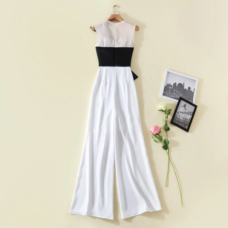 TWOTWINSTYLE Bowknot Jumpsuits For Women Sleeveless Patchwork Irregular Maxi Wide Leg Pants 2019 Summer Large Size OL Clothing | Женская