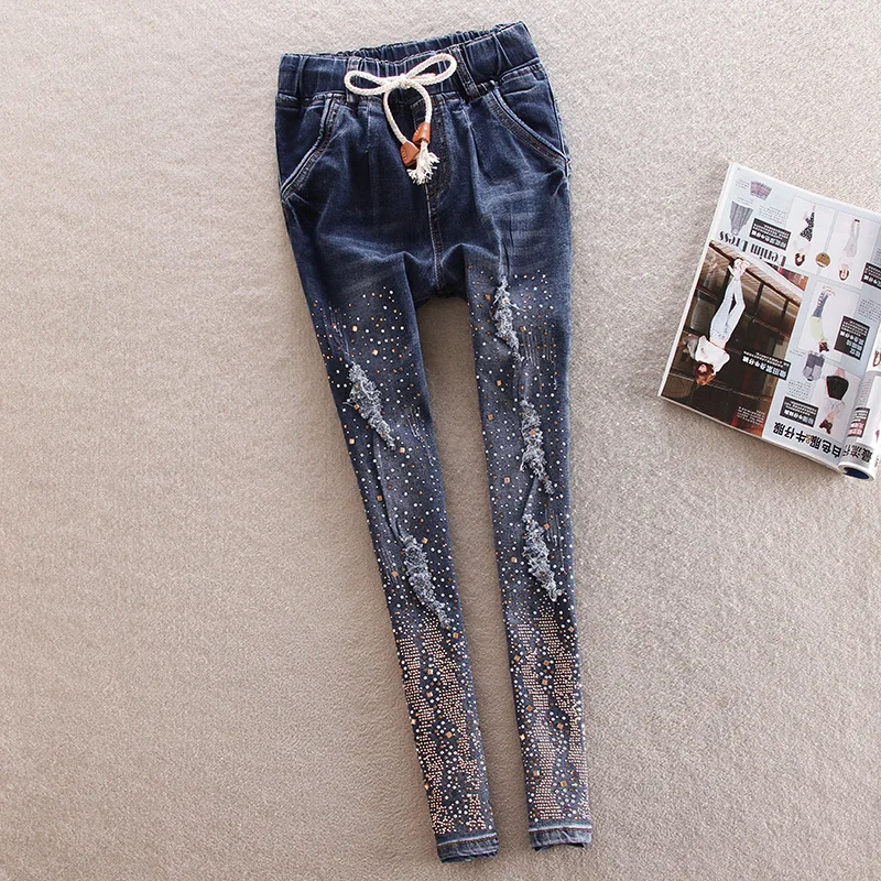 Women Diamond Drilled Jeans Female Broken Hole Feet Pencil Pants Long Drawstring With Rhinestone Harem For Woman |