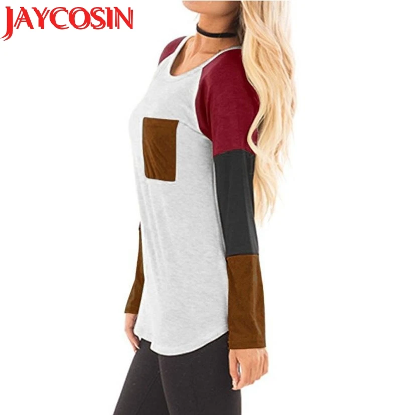 Футболка 2018 Женская карманная Лоскутная рубашка с длинным рукавом Повседневная