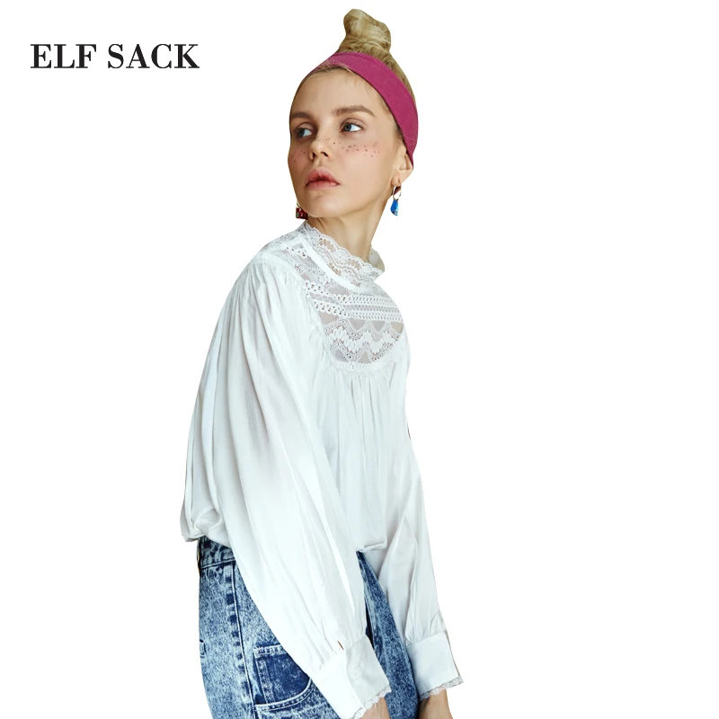 ELF SACK стильные женские кружевные рубашки белый стоячий воротник винтажный женский OL литературные блузки с рукавом-фонариком повседневные топы блузки