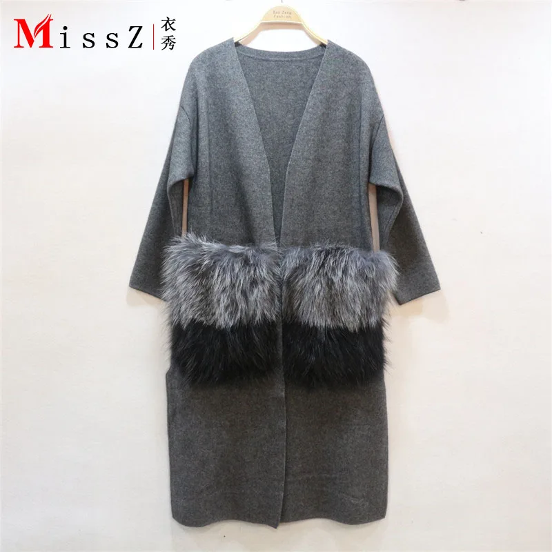Осенне-зимняя обувь женщин меха лисы карман двойной норки кашемира кардиган