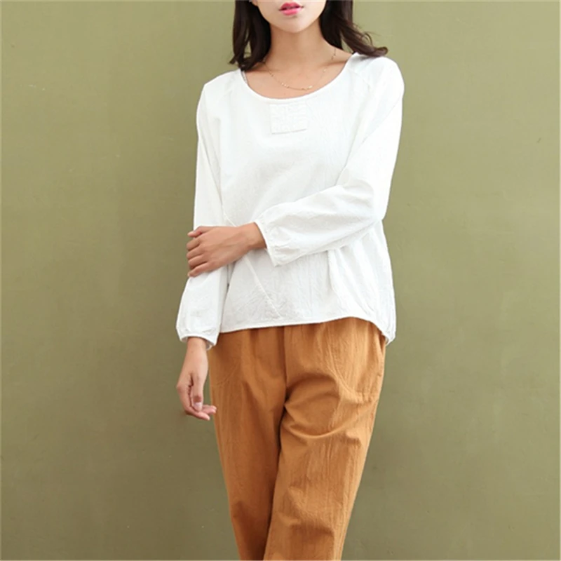 Johnature Women T-Shirts Long Sleeve Cotton Linen Tops Casual 2021 Autumn New O-Neck Loose Brief Puff Fashion | Женская одежда