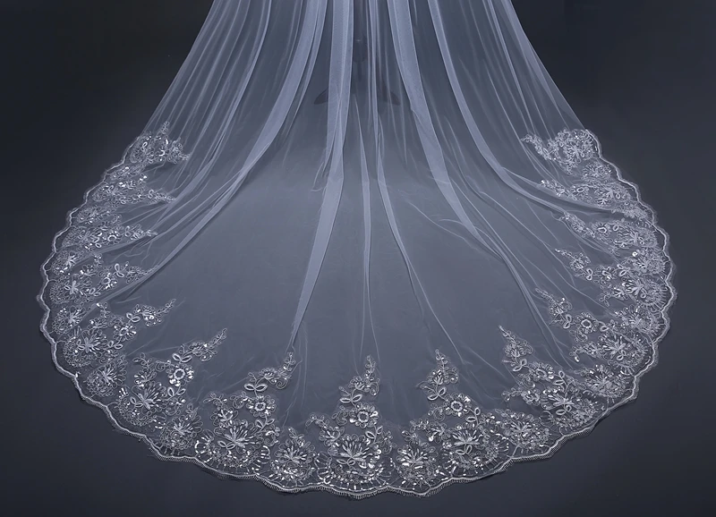 Свадебная фата 3 метра цвета слоновой кости с длинным кружевным краем|bridal veil with