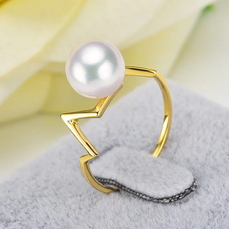 YS Pure 18k Gold Flash Ring 8-8.5mm Natural Akoya Pearl Fine Jewelry For Women | Rings