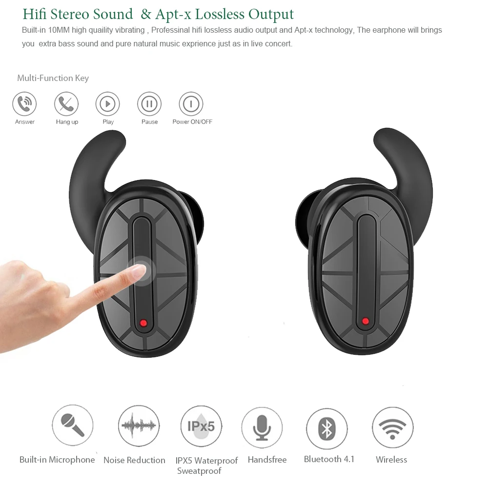 HSWT беспроводные наушники Bluetooth мини водонепроницаемые стерео TWS спортивные 900mA