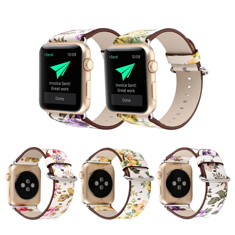 Кожаный ремешок с цветком для часов Apple Watch 44 мм 40 42 38 пасторальный/Сельский