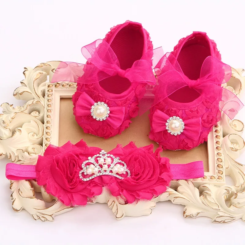 Kids Girls sapato bebe Rhinestone Flower baptism baby Shoe Headband Set Ballerina Shoes Baby Shower Slippers Boutique 3 set/lot |