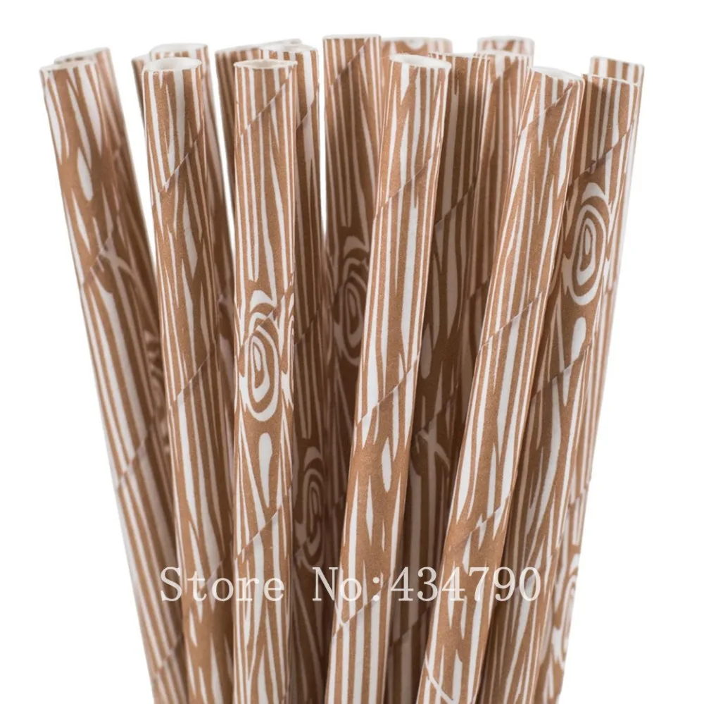 

200pcs Woodgrain Paper Straws Bulk-Rustic Wood Grain Woodland Patterned Birthday Wedding Forest Camping Party Drinking Straws