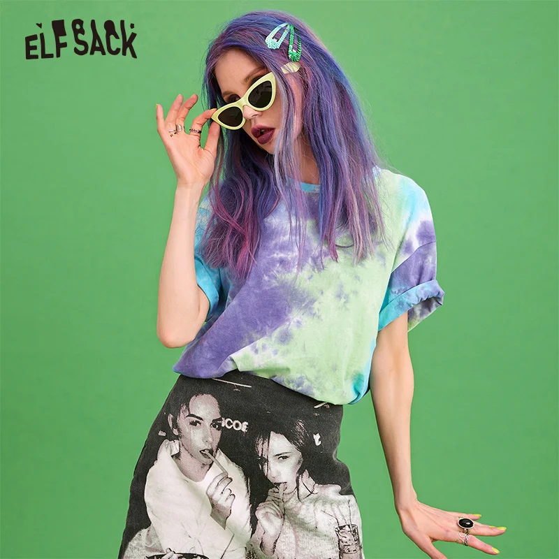 ELFSACK хлопок Tie Dye женская футболка 2019 Новая мода зеленая и фиолетовая Повседневная