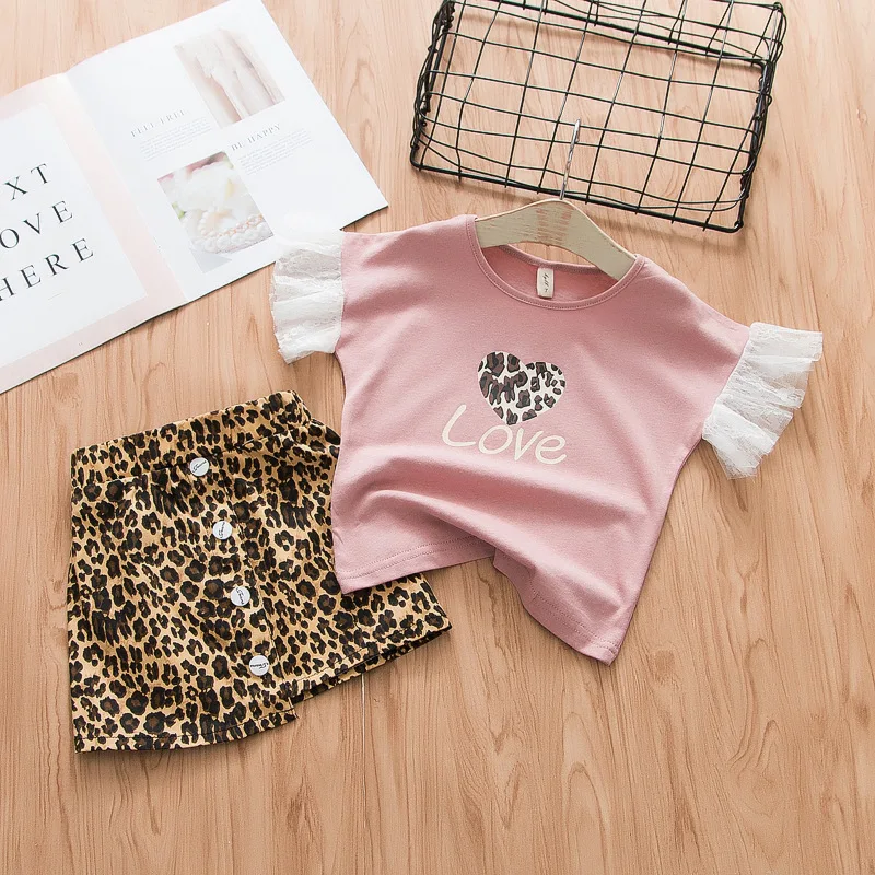 Baby Girl Clothes 2019 Summer Love Printed Lace Short Sleeve Shirt&ampLeopard Print Skirt Fashion Toddler Girls Clothing Set | Детская