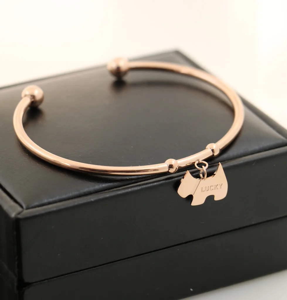2018 Lucky dog C shape Bangle Gift Jewelry Rose gold color Titanium Steel Cuff Cubic Zirconia Dog beads Bangle/Bracelet | Украшения и