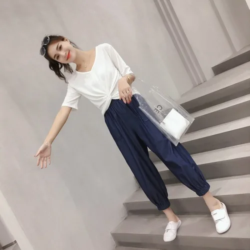 Short Sleeve White Tops Thin Denim Blue Harem Pants Suit Women Casual Chic Summer Sets Woman Fashion Korean 2 Piece Set Clothes | Женская