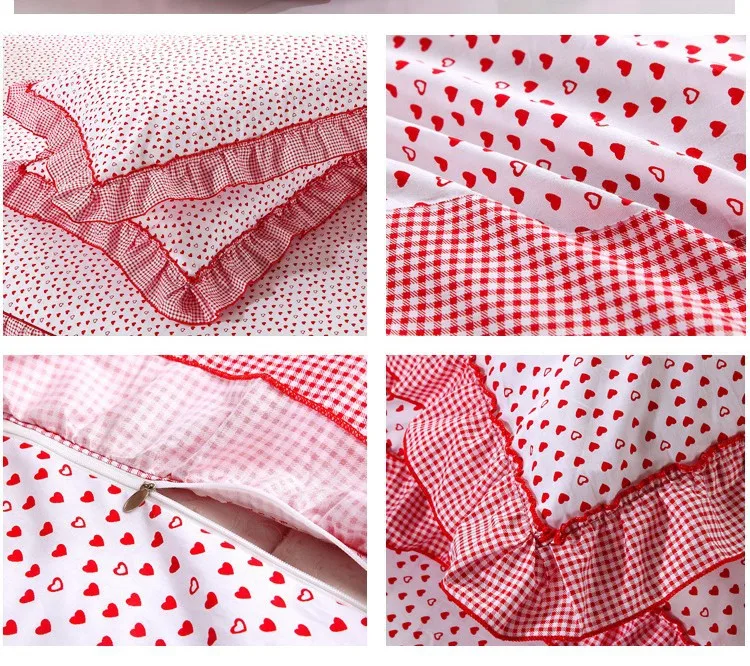 Полный Король Queen twin100 % хлопок двойной слой кружева Bedskirt красное сердце корейский